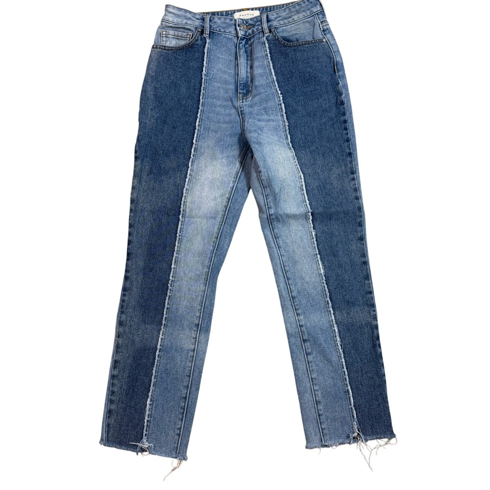 PacSun Two Tone High Waisted Straight Leg Jeans Blue Contrast Raw Hem 28‎